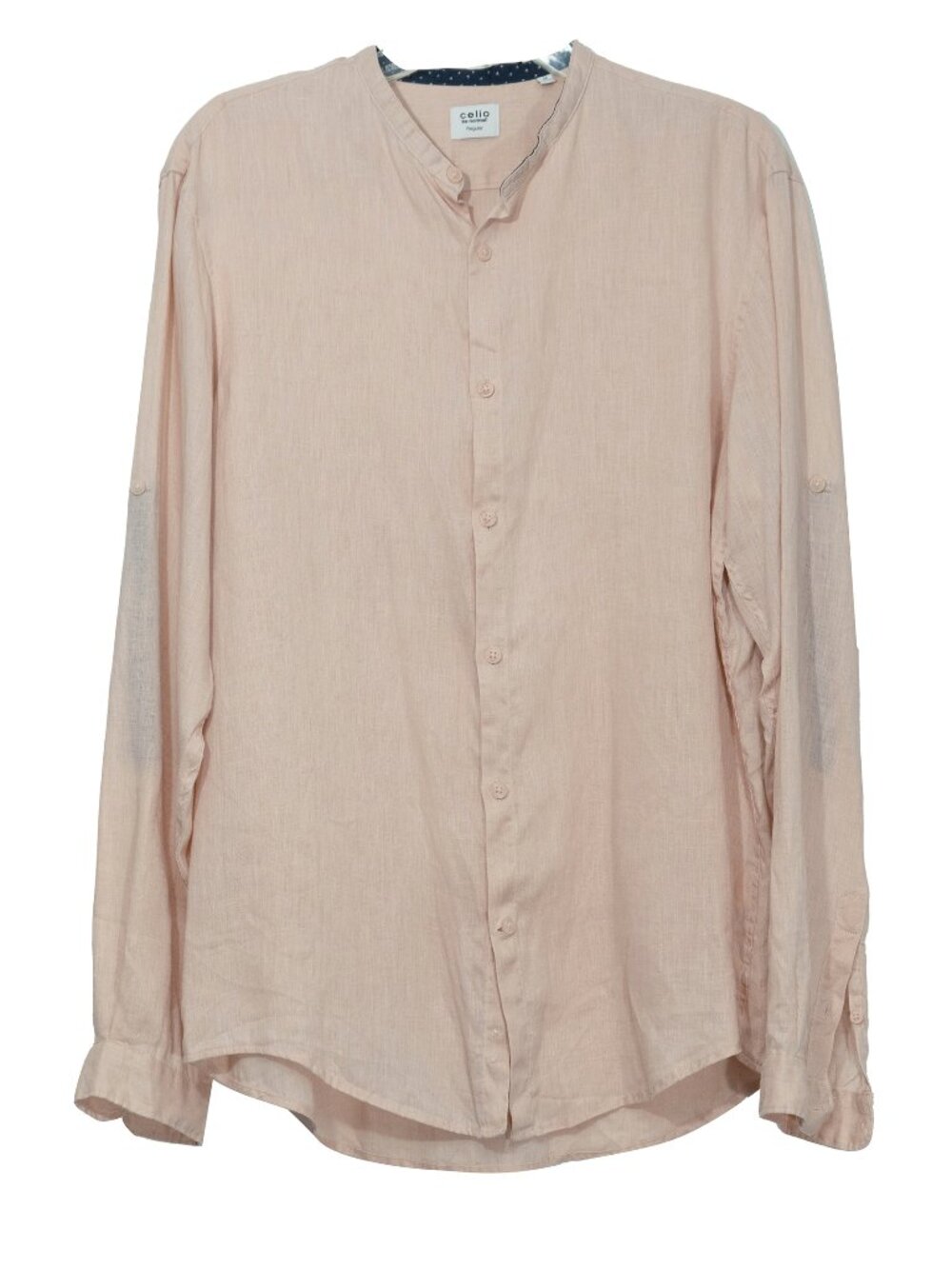 CELIO Linen Shirt Men's Pink Pastel Button Down Collarless with Long Sleeve